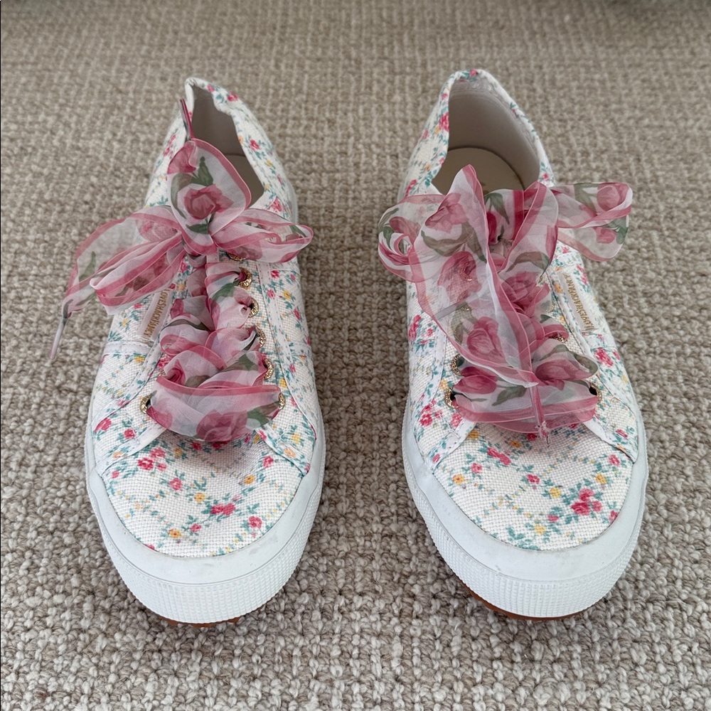 SUPERGA x LoveShackFancy Floral Canvas Sneakers with floral ribbon laces Sz 9